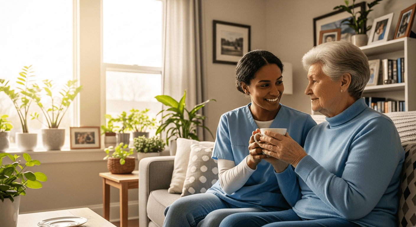 Caregiver warmly helping an elderly person at home